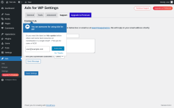 Page screenshot: Ads → Settings →  Support