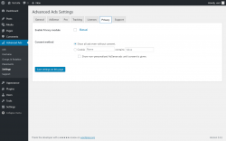 Page screenshot: Advanced Ads → Settings → Privacy