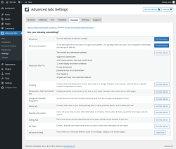 Page screenshot: Advanced Ads &rarr; Settings &rarr; Licenses