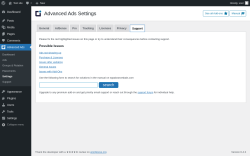 Page screenshot: Advanced Ads &rarr; Settings &rarr; Support