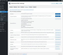 Page screenshot: Advanced Ads &rarr; Settings &rarr; Licenses