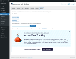 Page screenshot: Advanced Ads &rarr; Settings &rarr; Support
