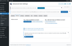 Page screenshot: Advanced Ads → Settings → AdSense