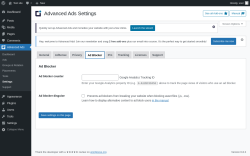 Page screenshot: Advanced Ads → Settings → Ad Blocker