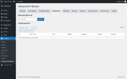 Page screenshot: Settings → Advanced IP Blocker → Blocked IPs