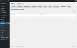 Page screenshot: Settings → Advanced IP Blocker → General Log
