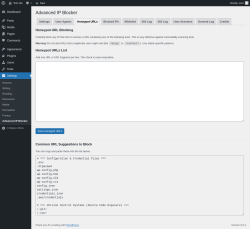 Page screenshot: Settings → Advanced IP Blocker → Honeypot URLs