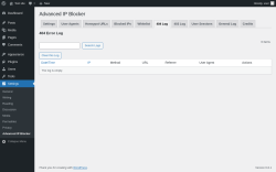 Page screenshot: Settings → Advanced IP Blocker → 404 Log