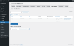 Page screenshot: Settings → Advanced IP Blocker → User Sessions