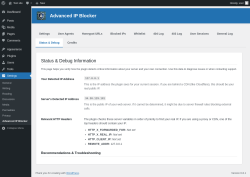 Page screenshot: Settings → Advanced IP Blocker → Status & Debug