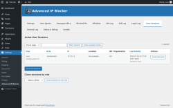 Page screenshot: Settings → Advanced IP Blocker → User Sessions