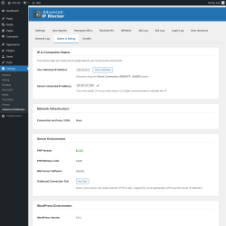 Page screenshot: Settings → Advanced IP Blocker → Status & Debug