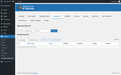 Page screenshot: Settings → Advanced IP Blocker → Blocked IPs