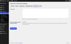 Page screenshot: Testimonials &rarr; Settings &rarr; Advanced
