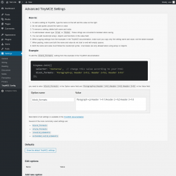 Page screenshot: Settings &rarr; TinyMCE Config