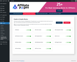 Page screenshot: Settings → Enable/Disable Affiliate Booster Blocks