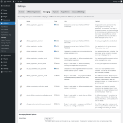Page screenshot: Affiliates → Settings → Messaging