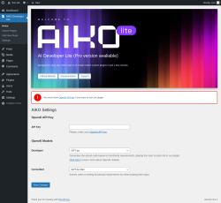 Page screenshot: AIKO Lite Home ‹ Test site — WordPress