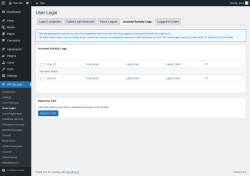 Page screenshot: WP Security &rarr; User Login &rarr; Account Activity Logs