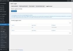 Page screenshot: WP Security &rarr; User Login &rarr; Logged In Users