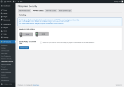 Page screenshot: WP Security &rarr; Filesystem Security &rarr; PHP File Editing