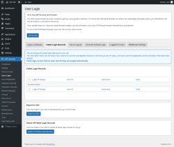 Page screenshot: WP Security &rarr; User Login &rarr; Failed Login Records
