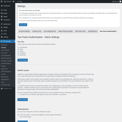 Page screenshot: WP Security &rarr; Settings &rarr; Two Factor Authentication