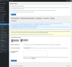 Page screenshot: WP Security &rarr; Brute Force &rarr; Login Whitelist