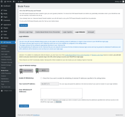 Page screenshot: WP Security &rarr; Brute Force &rarr; Login Whitelist