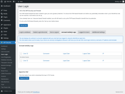 Page screenshot: WP Security &rarr; User Login &rarr; Account Activity Logs