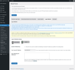 Page screenshot: WP Security &rarr; Brute Force &rarr; Login Whitelist