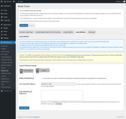 Page screenshot: WP Security &rarr; Brute Force &rarr; Login Whitelist