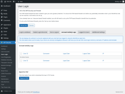Page screenshot: WP Security &rarr; User Login &rarr; Account Activity Logs