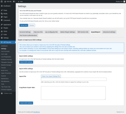 Page screenshot: WP Security &rarr; Settings &rarr; Import/Export