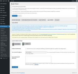 Page screenshot: WP Security &rarr; Brute Force &rarr; Login whitelist