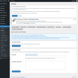 Page screenshot: WP Security &rarr; Settings &rarr; Import/Export
