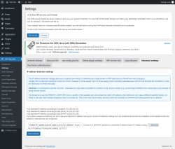 Page screenshot: WP Security &rarr; Settings &rarr; Advanced settings