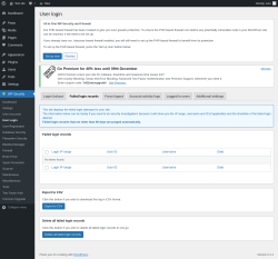 Page screenshot: WP Security &rarr; User Login &rarr; Failed login records