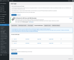 Page screenshot: WP Security &rarr; User Login &rarr; Account activity logs