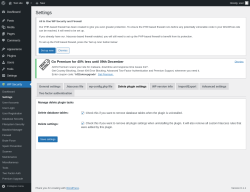 Page screenshot: WP Security &rarr; Settings &rarr; Delete plugin settings