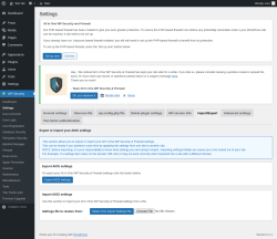 Page screenshot: WP Security &rarr; Settings &rarr; Import/Export