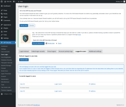 Page screenshot: WP Security &rarr; User Login &rarr; Logged in users