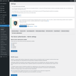 Page screenshot: WP Security &rarr; Settings &rarr; Two factor authentication