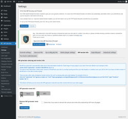 Page screenshot: WP Security &rarr; Settings &rarr; WP version info