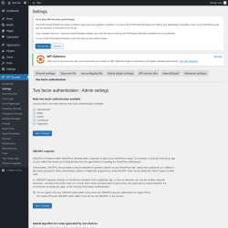 Page screenshot: WP Security &rarr; Settings &rarr; Two factor authentication
