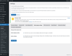 Page screenshot: WP Security &rarr; Settings &rarr; Delete plugin settings