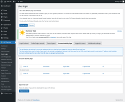 Page screenshot: WP Security &rarr; User Login &rarr; Account activity logs