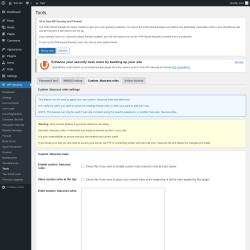Page screenshot: WP Security &rarr; Tools &rarr; Custom .htaccess rules