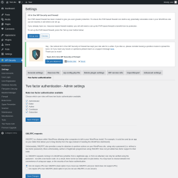 Page screenshot: WP Security &rarr; Settings &rarr; Two factor authentication