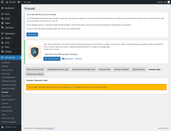 Page screenshot: WP Security &rarr; Firewall &rarr; Custom rules